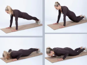 یک خانم در حال انجام حرکت شنا روی زانو با مت یوگا