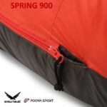 نزدیک‌نمایی از زیپ و دوخت کیسه خواب پر SnowHawk SPRING 900 رنگ قرمز
