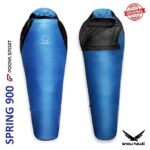 نمای نزدیک پارچه و دوخت کیسه خواب پر SnowHawk SPRING 900 آبی