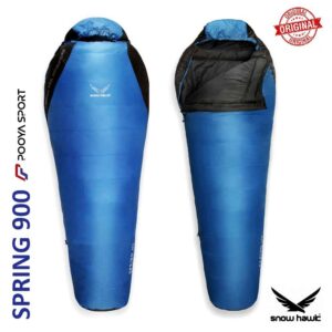 نمای نزدیک پارچه و دوخت کیسه خواب پر SnowHawk SPRING 900 آبی